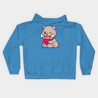 Cute Bulldog Bite Bone And Holding Heart Cartoon Kids Hoodie